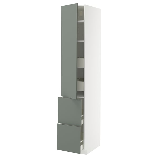 Modern tall cabinet with grey-green doors, sleek design, adjustable shelves, and drawers.