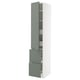 Modern tall cabinet with grey-green doors, sleek design, adjustable shelves, and drawers.
