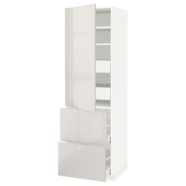 White METOD kitchen unit, glossy finish, rectangular shape with shelves and drawers.