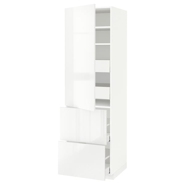 A white METOD kitchen cabinet with multiple compartments, combining drawers and shelves, in a sleek and modern design.
