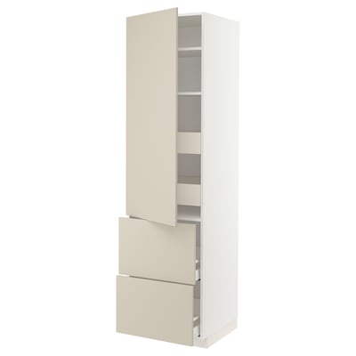 Beige METOD kitchen cabinet, tall with shelves and drawers.