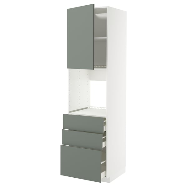Modern kitchen storage unit with grey-green drawers and shelves, tall and slim design.