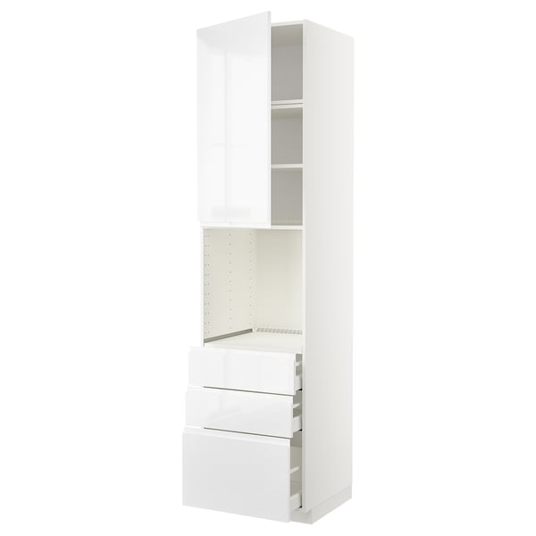 White METOD kitchen cabinet, tall, three drawers, high gloss finish.