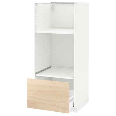 METOD kitchen unit: white with light wooden drawer. Tall, rectangular shape with adjustable shelf inside.