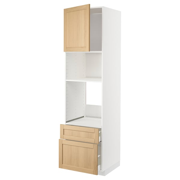 A white ikea METOD kitchen cabinet with oak veneer doors. It has an open top cabinet and two pull-out drawers below.