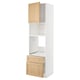 A white ikea METOD kitchen cabinet with oak veneer doors. It has an open top cabinet and two pull-out drawers below.