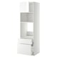 Displays a white ikea METOD kitchen unit with high-glossy fronts, featuring shelves and drawers for storage.