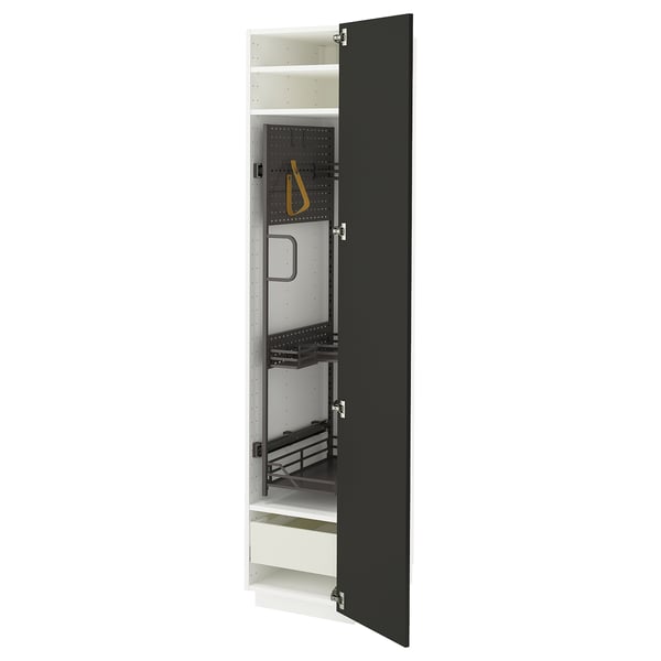 A modern, black METOD kitchen cabinet with adjustable shelves and a pull-out drawer.
