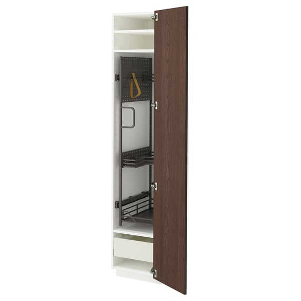 Modern dark brown wooden cabinet with shelves and drawers, open to show interior.
