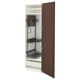 A brown wooden cabinet with a sliding door open, revealing adjustable shelves and a pull-out drawer inside.
