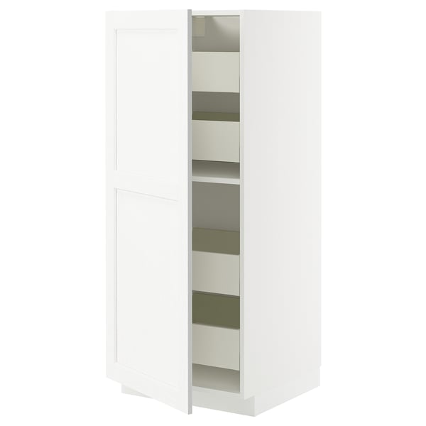 METOD white kitchen cabinet, classic design with wood grain, adjustable shelves, sturdy frame, soft-close drawers.