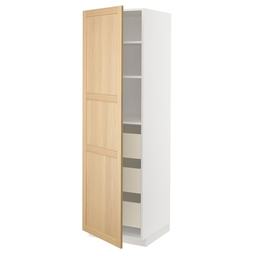 A white METOD kitchen cabinet with a light oak veneer door and bevelled edges. Its a tall unit with shelves and drawers for storage.