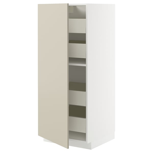 Vertical white METOD cabinet with beige doors and adjustable shelves.