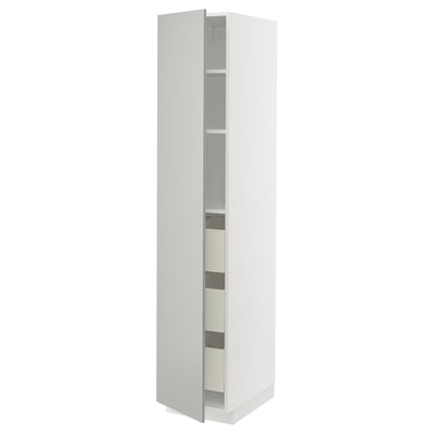 METOD white tall kitchen cabinet with storage shelves.