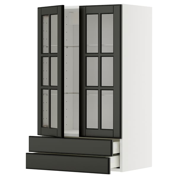 Modern kitchen cabinet: METOD with bodbyn dark glass doors, adjustable shelves, soft-close drawers.