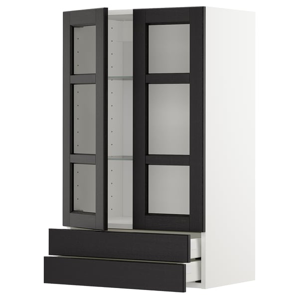 Black stained kitchen cabinet, glass doors, adjustable shelves, soft-close drawers, solid ash and particleboard.