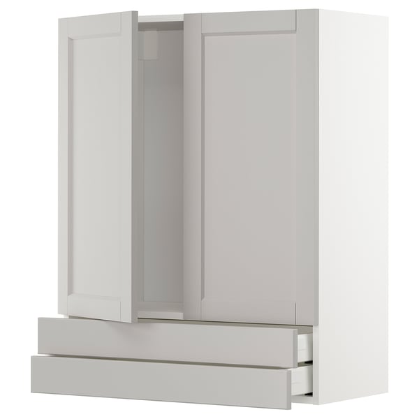 White METOD kitchen cabinet with bevelled edges and two drawers.