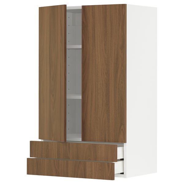 A modern wall-mounted cabinet from the ikea METOD system with walnut-style tistorp fronts, featuring smooth surfaces and adjustable shelves.