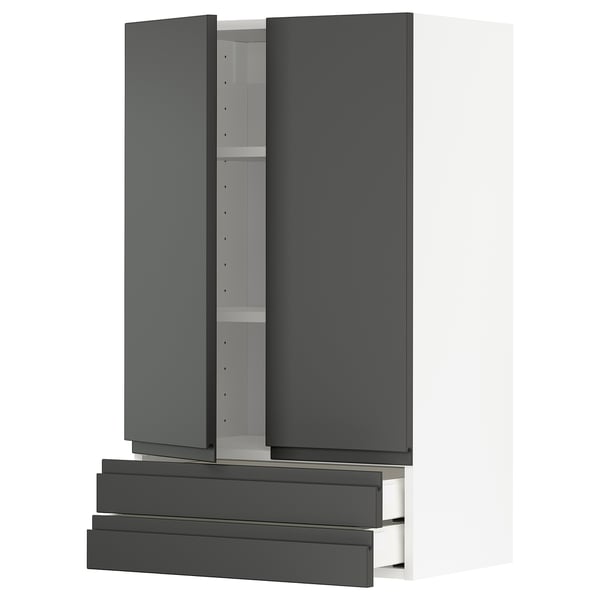 This image shows a dark grey METOD kitchen cabinet with drawers and shelves.