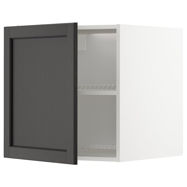 Open METOD kitchen cabinet, dark grey wood, square, two shelves, visible hinges.