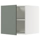 Open green-gray cabinet, white interior, two shelves.