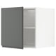 Gray kitchen cabinet METOD with dark grey voxtorp fronts and integrated handles, open showing interior shelves.