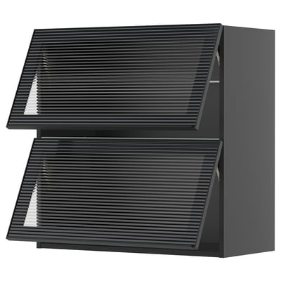 Modern black kitchen cabinet with sleek glass and reeded design.