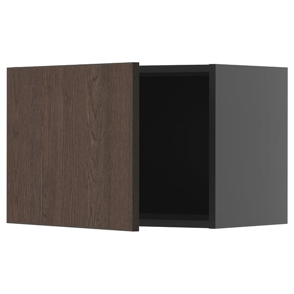 A dark brown modern kitchen cabinet with a wood-textured door. It’s sleek, rectangular, and part of the METOD system.