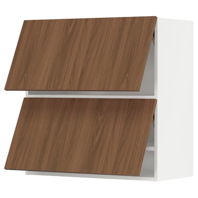 Modern wall-mounted kitchen cabinet in white and walnut, two shelves with tilt-down doors.