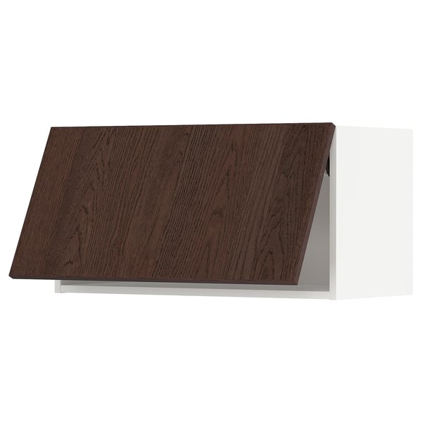 Dark brown wooden drawer with white sides, rectangular shape, simple design.