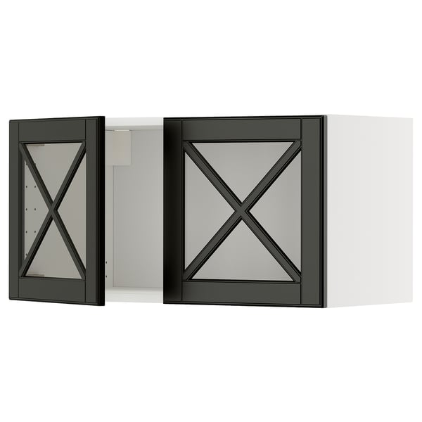 A dark gray modern kitchen cabinet with a cross-patterned glass door.