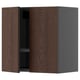Dark brown kitchen wall cabinet with wood grain finish and open door.
