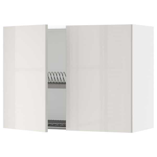 METOD wall cabinet with grey, glossy, rectangular door and metal dish rack.