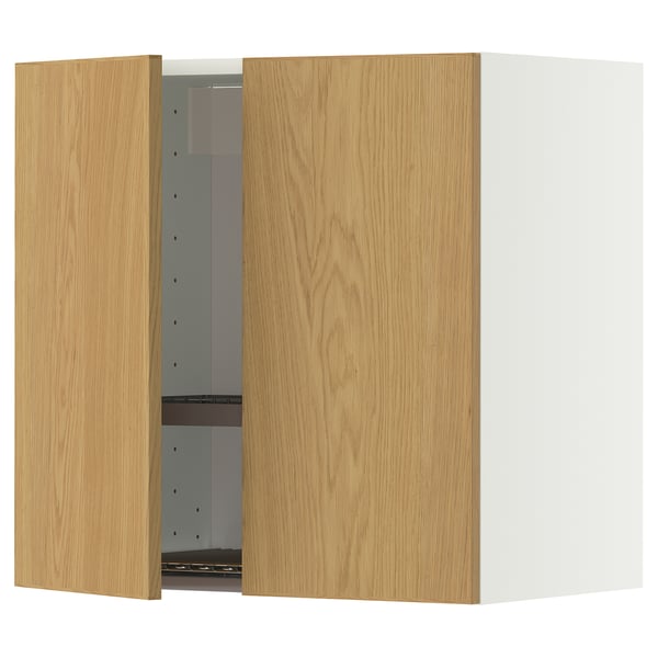 Wooden kitchen cabinet with light oak doors and metal shelf, one open, square white background.