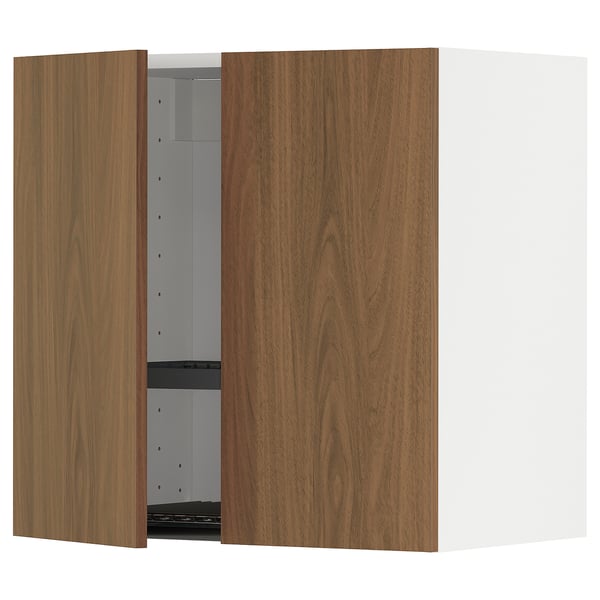 Modern kitchen wall cabinet, walnut brown, sleek design, wood texture, rectangular, with one door open.