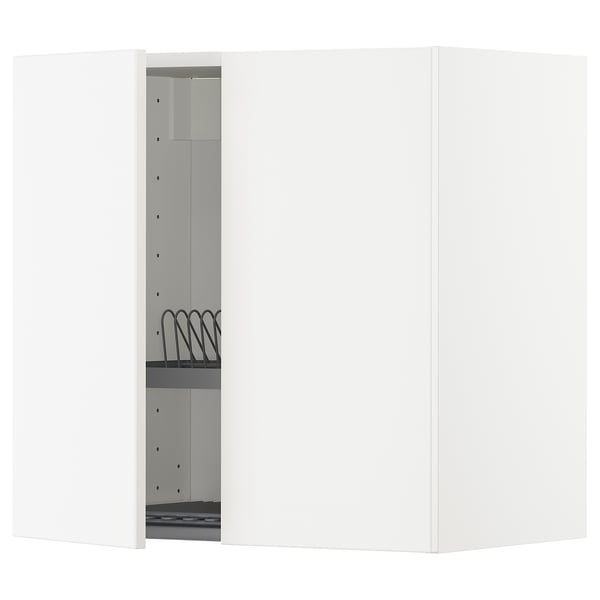 White METOD kitchen wall cabinet with adjustable shelf and built-in dish drainer.
