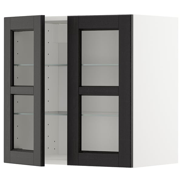 Black stained wooden wall cabinet with glass doors and shelves. Modern, rectangular shape, sleek design.