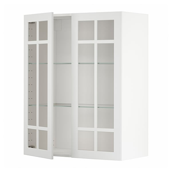 White METOD cabinet with glass doors, sleek modern design, adjustable shelves.