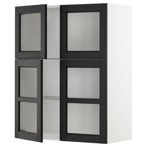 Black stained wood METOD kitchen cabinet with glass doors.