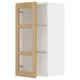 White wooden cabinet with glass shelves, oak trim, open left side.