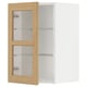 Open wooden-framed cabinet with glass shelves on white background.