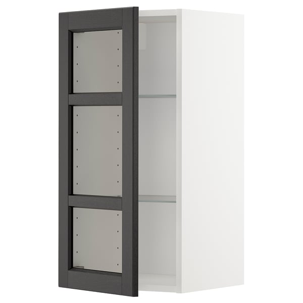 Modern white cabinet with dark-stained ash door, adjustable glass shelf.