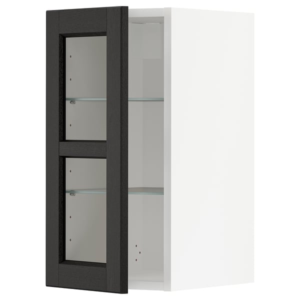 Open black wood cabinet with glass shelves.