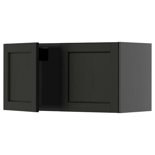 Black stained kitchen cabinet with bevelled edges and wooden design.