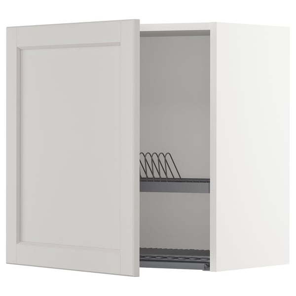 METOD white kitchen cabinet with gray inside & steel dish drainer.