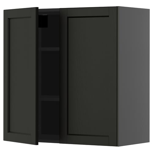 Black stained wooden wall cabinet with one open door, minimalist design.