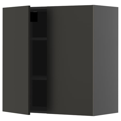 This image shows a modern black METOD kitchen wall cabinet. Its square-shaped with a sleek design and two adjustable shelves inside.