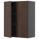 Dark brown oak cabinet with two doors, wall-mounted, metal hinges.