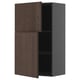 Dark brown wooden cabinet with one open door, mounted on grey frame, featuring adjustable shelves. Sleek and modern design.