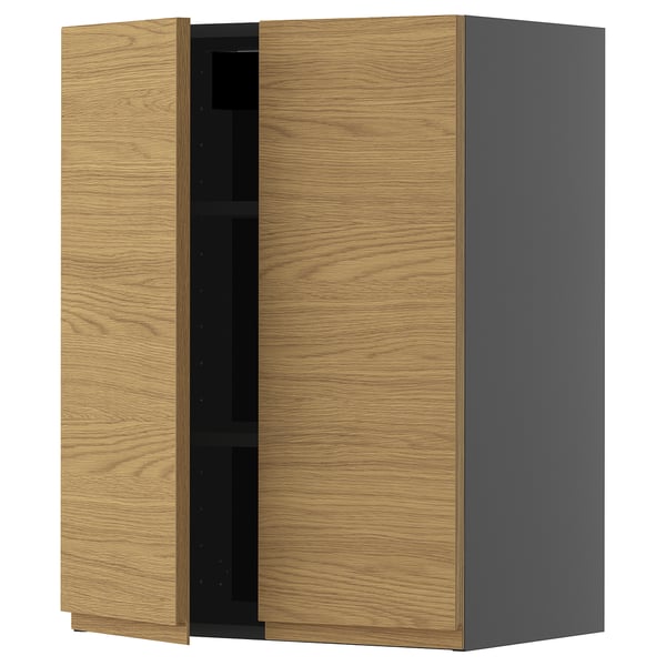 Modern oak METOD wall cabinet with dark grey side.